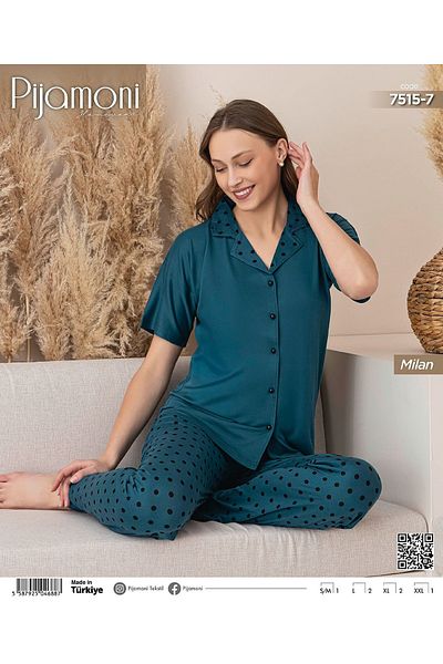 Pijamoni Bamboo Milan Fabric Petrol Color Short Sleeve Shirt Collar Women's Pajamas Set