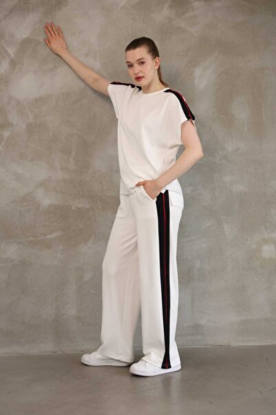 LAVRE Soft Texture Striped Detail Wide Leg Modal Fabric Short Tracksuit Set