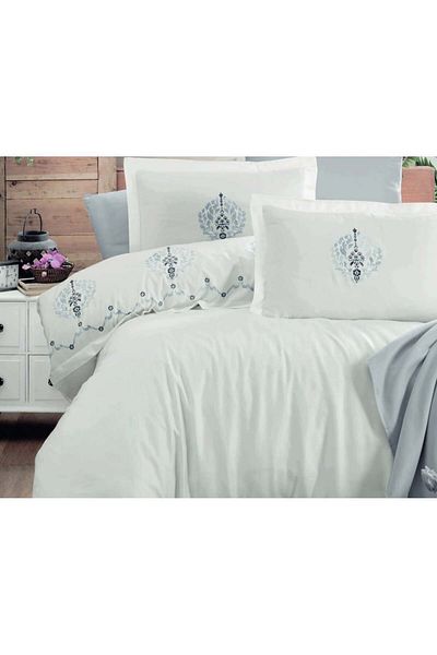 Okya Home Silkora Ecru 100% Cotton Satin Bed Linen Set 6 Pcs 200x220 Cm & Gift Turkish Coffee Set