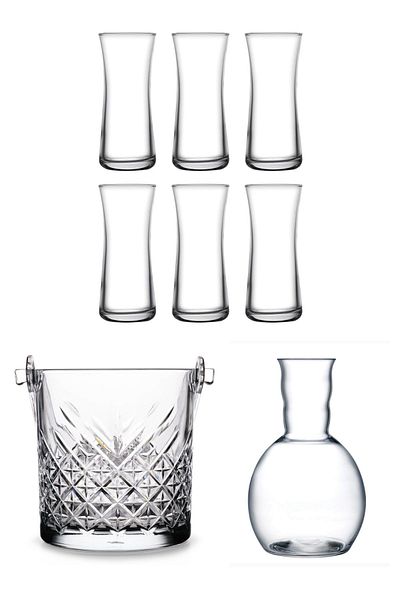 Paşabahçe Heybeli Raki Glass, Nude Crystal Wine Pot and Timeless Ice Bucket 8 Pieces