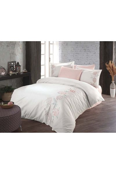 Okya Home Serenova Ivory & Pink Cotton Satin Bed Linen Set 6 Pcs 200x220 Cm & Gift Turkish Coffee Set
