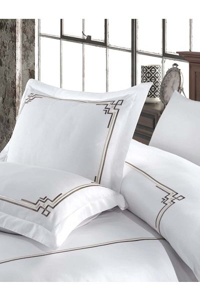 Okya Home Noctura White & Gold-brown Cotton Satin Bed Linen 6 Pcs 200x220 Cm & Gift Turkish Coffee Set