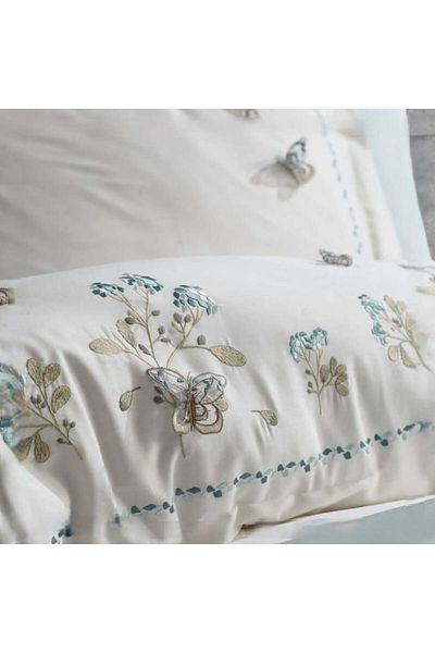 Okya Home Veluna Ivory & Mint Green Cotton Satin Bed Linen Set 6 Pcs 200x220 Cm & Gift Turkish Coffee Set