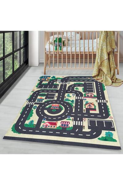 Carpettex Çocuk Bebek odası eğitici oyun Halısı Trafik temalı Sarı Gri Halı Kaymaz Taban Yıkanabilir