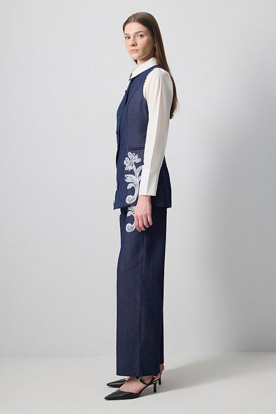 Touché Privé Denim Vest Pants Suit with Embroidery Detail