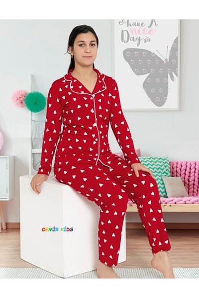 demir kids Girl's Heart Patterned Red Front Buttoned Seasonal Shirt Collar Cotton Pajama Set