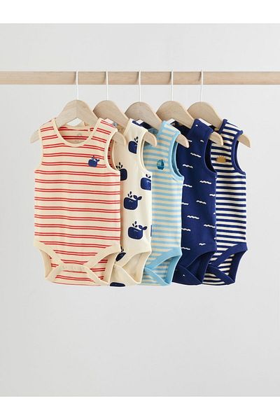 Next Baby 100% Cotton Red Blue Fish Patterned 5-Piece Bodysuit Set