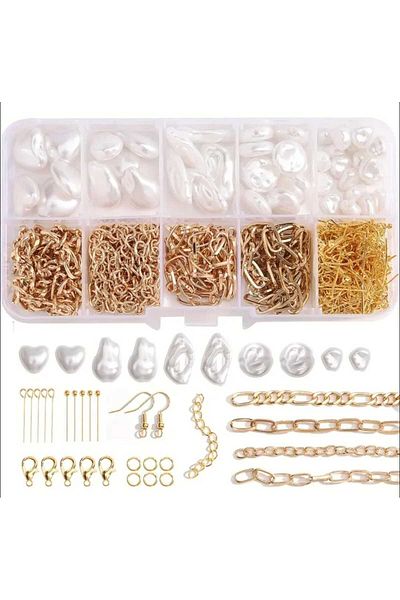 yiğit aksesuar Lacquer Finish Chain & Steel Serenay Necklace with Paperclip Chain and Shaped Pearls Bracelet Making Kit