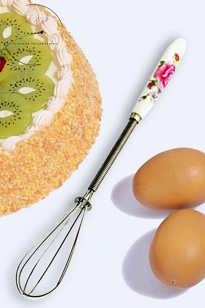 FORSEİ LUCA Mini Egg Beater Flour Beater Coffee and Milk Beater 19 cm Patterned Porcelain Handle