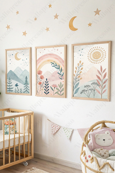 Wallspresso Çocuk Odası Ahşap Çerçeveli Tablo - 3'lü Tablo Seti - Bebek Odası...