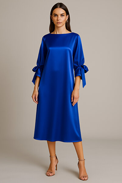 MERT ERKAN Kol Ağzı Bağlama Detaylı Saten Oversize Midi Elbise