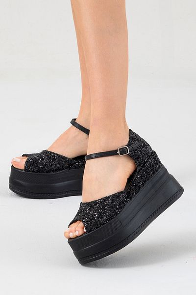 Stilo Black Glitter Women's Wedge Heeled Sandals 9cm Comfortable Shoes