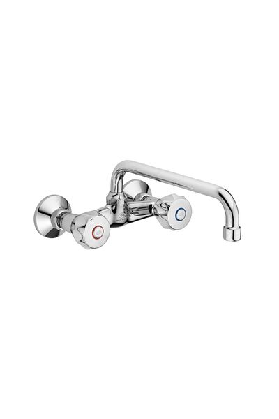 GS Rubinetterie GS Mercury Wall Sink Mixer 6C Dual Brass Chrome Handles 25cm U Shape Spout Chrome
