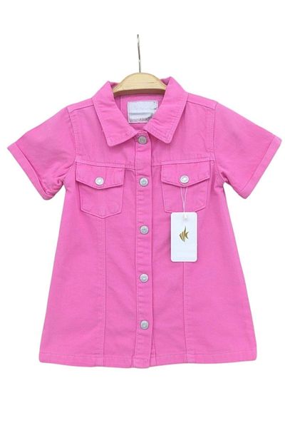 wakawakakidsstore Girl's Denim Dress with Button Closure Pocket - Pink