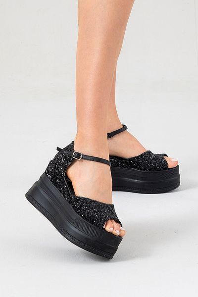 Stilo Black Glitter Women's Wedge Heeled Sandals 9cm Comfortable Shoes