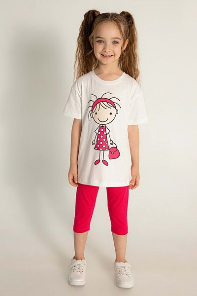 wakawakakidsstore Girl's Suit with Children's Printed Short Tights on the Front - White
