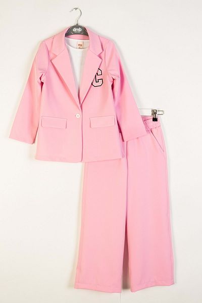 wakawakakidsstore Crepe Fabric Appliqued Button Closure Bazer Jacket Suit - Pink