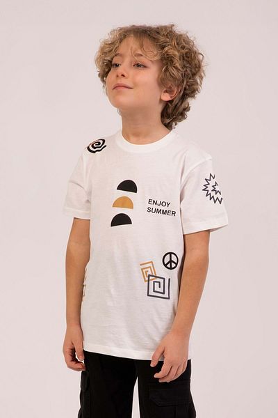 wakawakakidsstore Tricou pentru băiat cu decolteu rotund cu imprimeu în față și în spate - Ecru