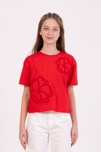 wakawakakidsstore Flower Knitted Appliqued Crew Neck Girl's T-Shirt - Red