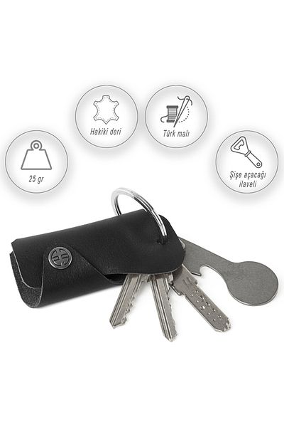 Trusador Ibiza Black Genuine Leather Unisex Keychain with Bottle Opener for Women and Men