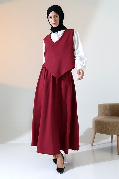 Mihran Butik Women's Woven Belt Detailed Burgundy Vest Skirt Set