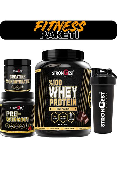 STRONGEST Fitness Pack, Whey Protein, Creatin, Preworkout and Shaker Quadruple Combination