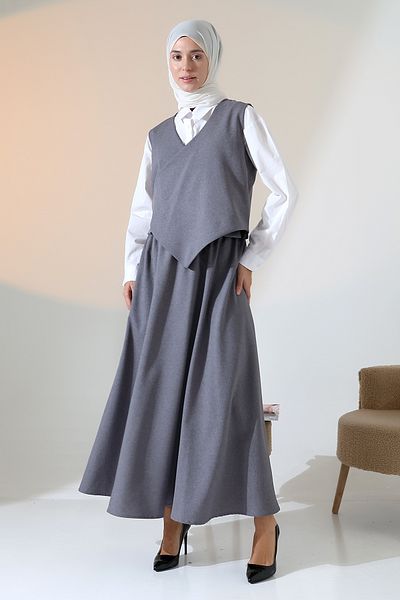 Mihran Butik Women's Woven Belt Detailed Antresite Vest Skirt Set