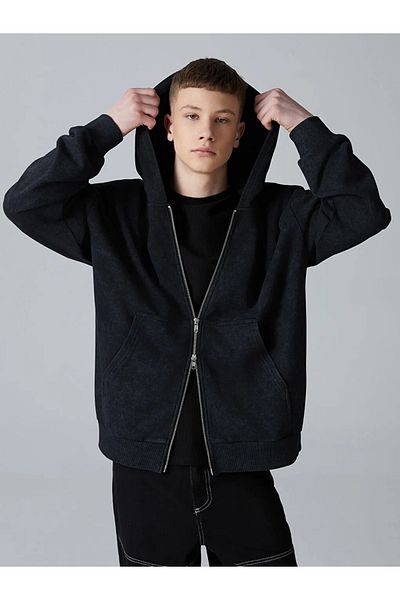 LC Waikiki Black Hooded Young Men's Zippered Sweatshirt -Akrstore-