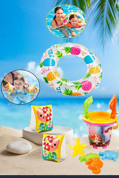Yeşil Oyuncak 3-6 Years Old Children's Sea Pool Swimming Ring Inflatable Sleeve and Beach Bucket