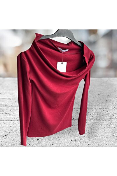 KAROL Bordo Asimetrik Yaka Omzu Açık Uzun Kollu Bluz