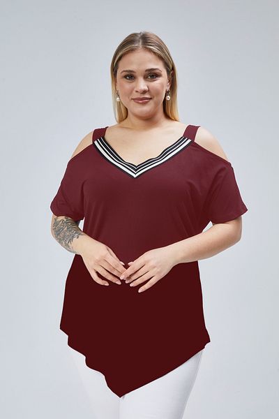 Curvy Trend Plus Size Neckline Stripe Shoulder Low-Cut Triangle Hem Blouse