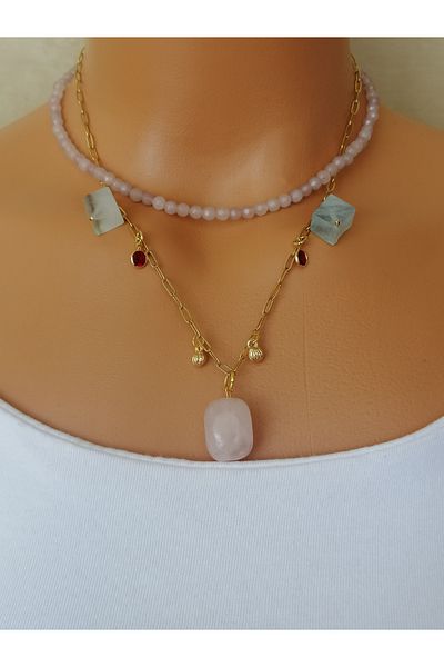 LemaStone Steel Necklace Set with Natural Stones ;Aquamarine,Pink Quartz