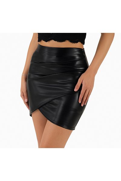 ESY LİNE Μίνι φούστα Tulip Pattern Pu Leather Mini Skirt Δερμάτινο μοντέλο Elastic Κομψή μονόχρωμη φούστα από συνθετικό δέρμα