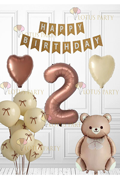 LOTUS PARTY Retro Brown Bear Birthday Set Balloon with Ribbon Brown Heart Balloon Kraft Happy Banner 3 Years Old