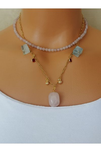 LemaStone Steel Necklace Set with Natural Stones ;Aquamarine,Pink Quartz