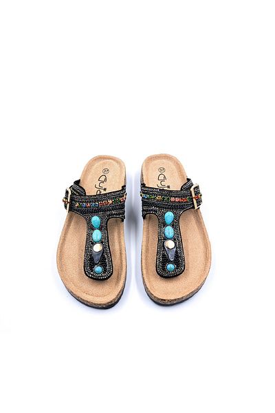 Guja Black Flip Flops Women's Slippers with Bead and Stone Detail