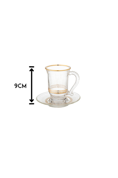 Dania Clear glass teacup and saucer set with exquisite gold engraving, consisting of 6 teacups and 6 saucers