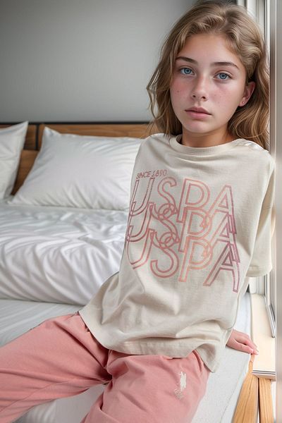 U.S. Polo Assn. Κοστούμι πιτζάμα για κορίτσια από 100% βαμβακερό κοντό μανίκι με μανσέτες