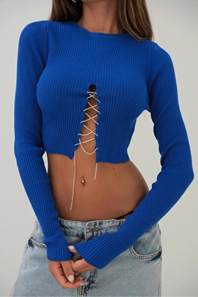 RSP KADIN MAVİ TAŞ DETAYLI TRİKO CROP BLUZ