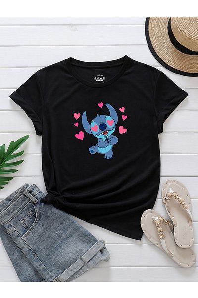 makiteks Μπλουζάκι Oversize Printed Lilo Stitch - Γυναικείο Unisex - Μαύρο Λευκό Γκρι