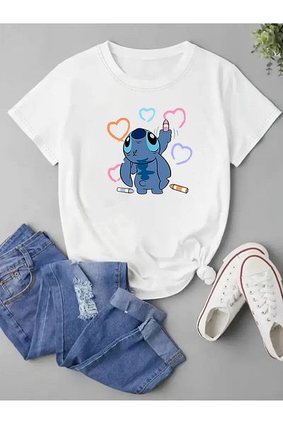 makiteks Tricou unisex oversize cu imprimeu Lilo Stitch alb/negru/gri
