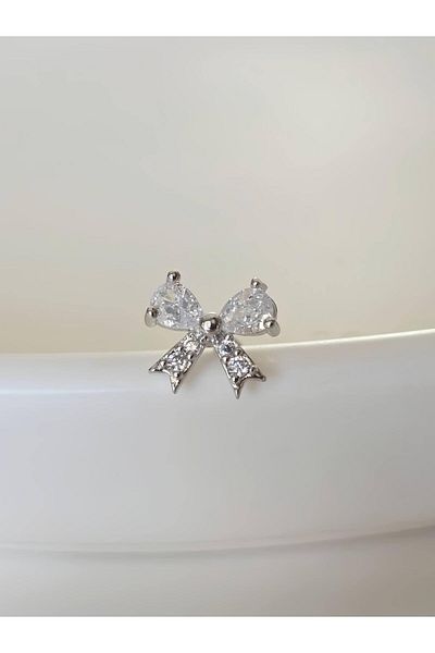 Eva Takı Store Bow Ribbon Model Cartilage Piercing Tragus Helix Silver Silver Color Earrings