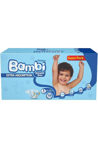 Sanita Bambi Baby Diapers Super Pack, Size 5, X-Large, 12-22 Kg, 108 Count