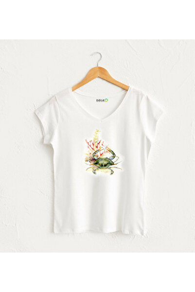 Kidilia تيشيرت نسائي بأكمام قصيرة ورقبة على شكل حرف V من سلسلة كنوز البحر مصن...