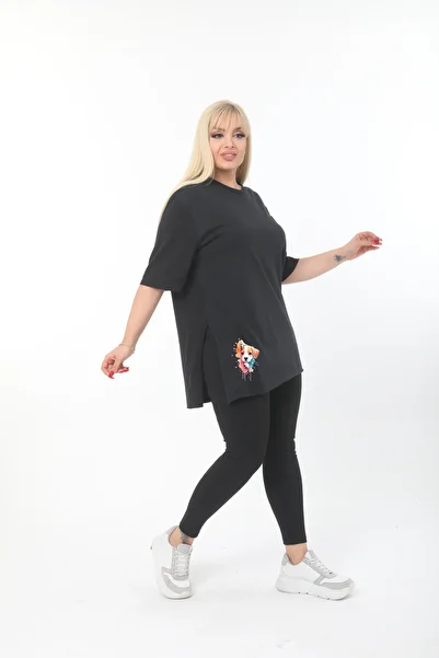ÇİFTXL Large Size Knitted Viscose Black Printed Salas T-shirt