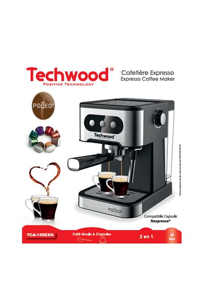 Techwood TCA-156EXN espresso machine, 20 bars, 1.5 liters, ground coffee or Nespresso capsules