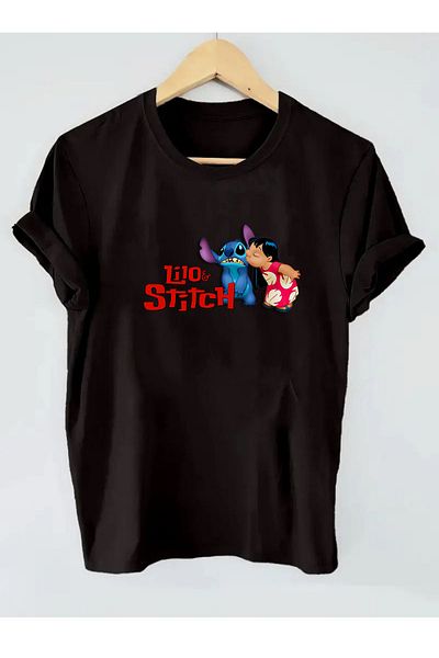 makiteks Tricou unisex oversize cu imprimeu Lilo Stitch alb/negru/gri
