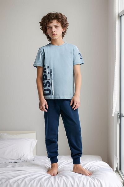 U.S. Polo Assn. Costum de pijama pentru băiat, 100% bumbac, cu mâneci scurte, cu manșete