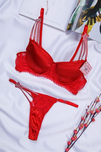 SATTENS B Cup Bra Panty Set with Rhinestones Backing Stylish Satin Finish with Rhinestones