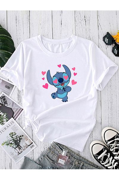 makiteks Tricou oversize cu imprimeu Stitch pentru femei si barbati alb-negru-gri